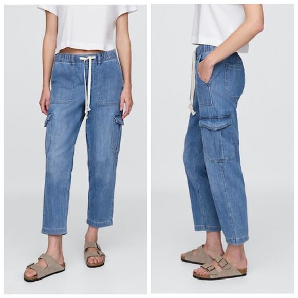 Gap Pants - Gap NWT Denim Easy Cargo Joggers Medium Indigo Drawstring Cropped Pants Small